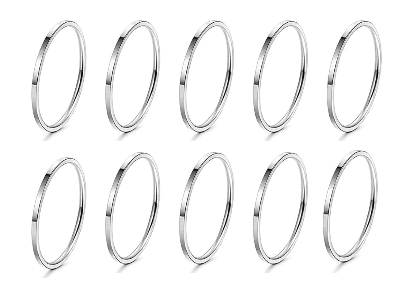 10 Thin small dainty midi rings silver tone plated set of 10 rings