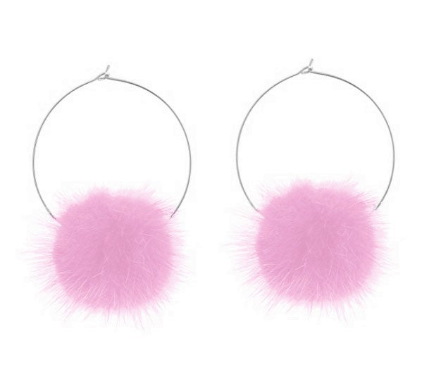 Baby Pink Fur Pom Pom Hoop Earrings