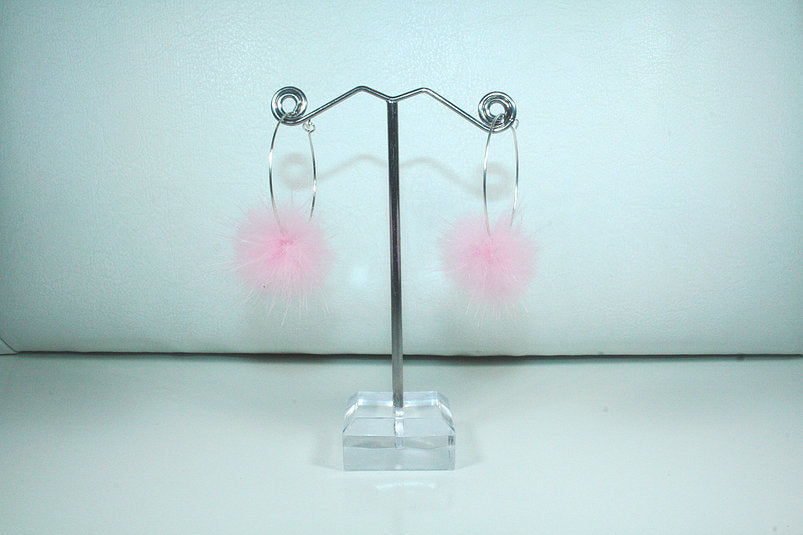 Baby Pink Fur Pom Pom Hoop Earrings
