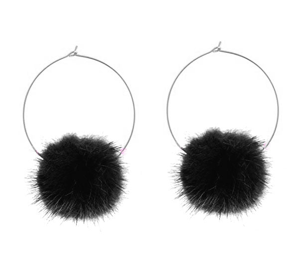 Black Fur Pom Pom Hoop Earrings