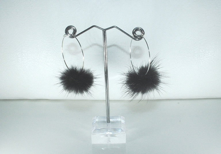 Black Fur Pom Pom Hoop Earrings