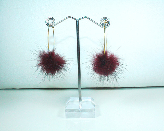 Burgundy Fur Pom Pom Hoop Earrings