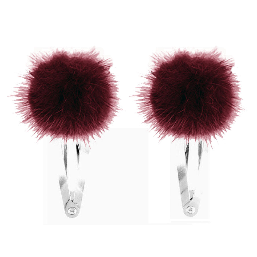 Pair of burgundy fur pom pom hair clips
