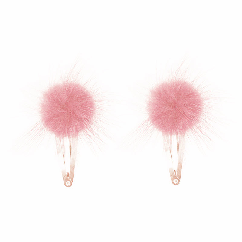 Pair of fur pom pom hair clips baby pink