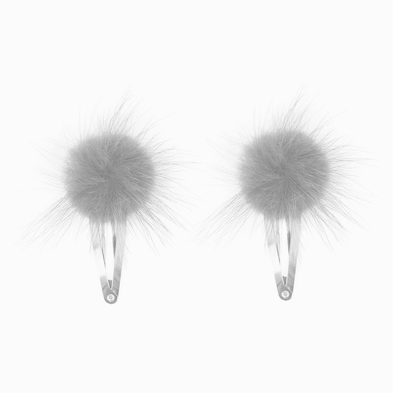 Pair of grey fur pom pom hair clips