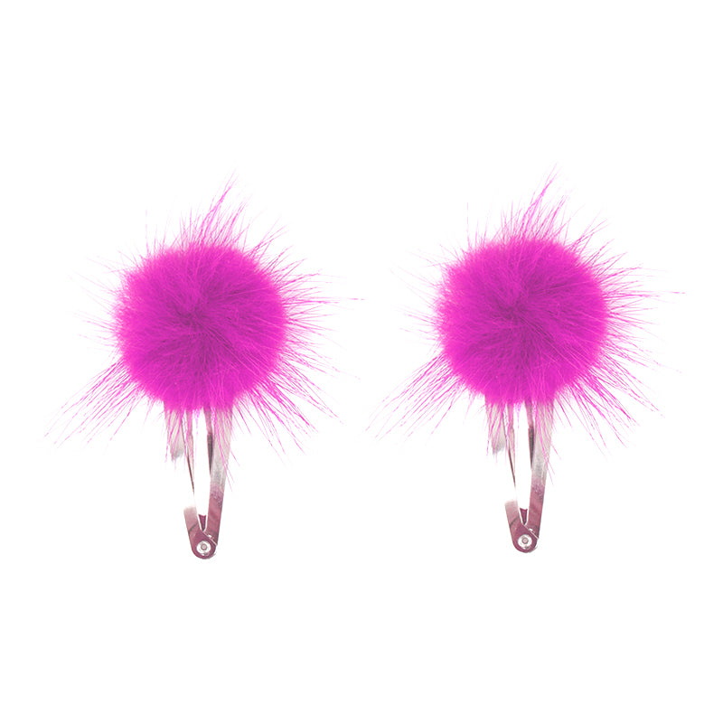Pair of hot pink fur pom pom hair clips