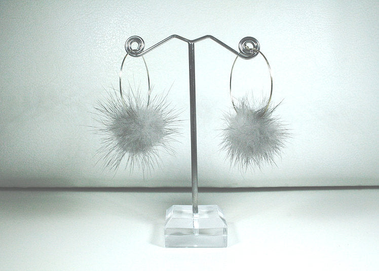 Grey Fur Pom Pom Hoop Earrings