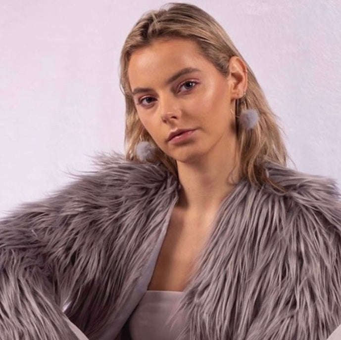 Grey Fur Pom Pom Hoop Earrings