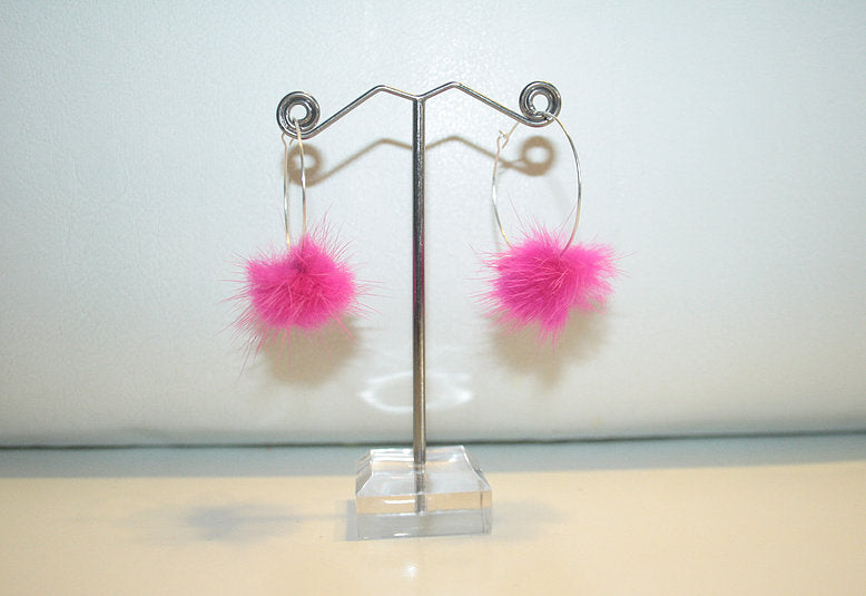 Hot Pink Fur Pom Pom Hoop Earrings