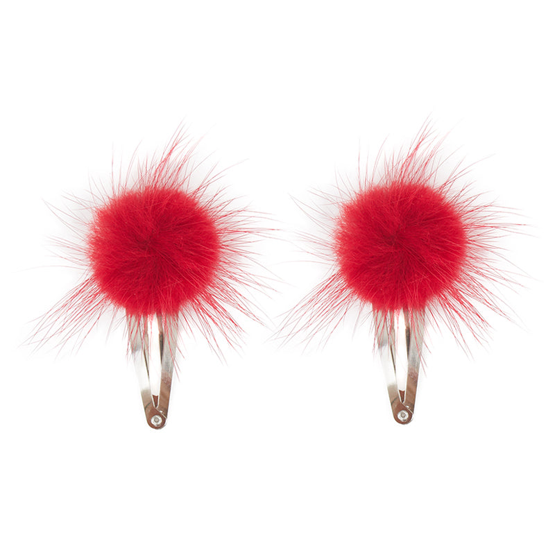 Pair of red fur pom pom hair clips