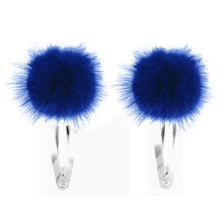 Pair of fur pom pom hair clips royal blue