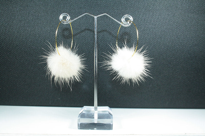 White Fur Pom Pom Hoop Earrings