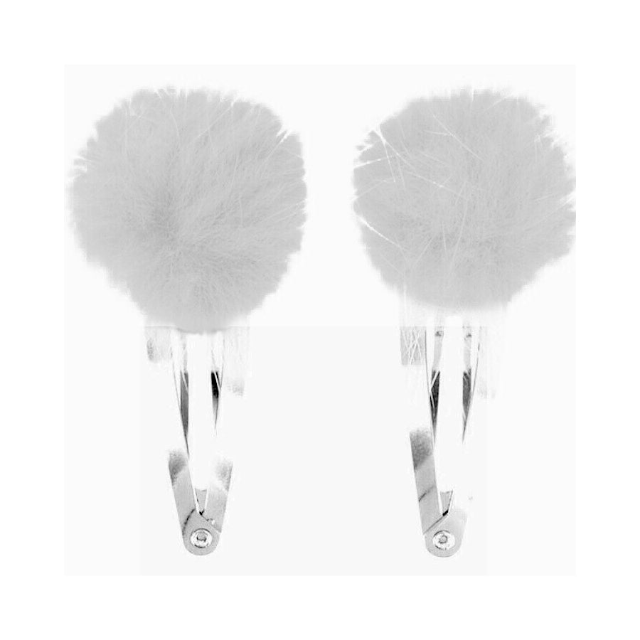 Pair of white fur pom pom hair clips