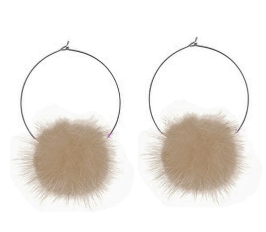 Beige Fur Pom Pom Hoop Earrings