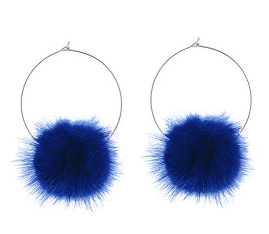 Blue Fur Pom Pom Hoop Earrings