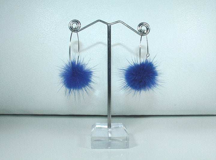 Blue Fur Pom Pom Hoop Earrings