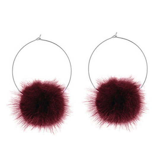 Burgundy Fur Pom Pom Hoop Earrings