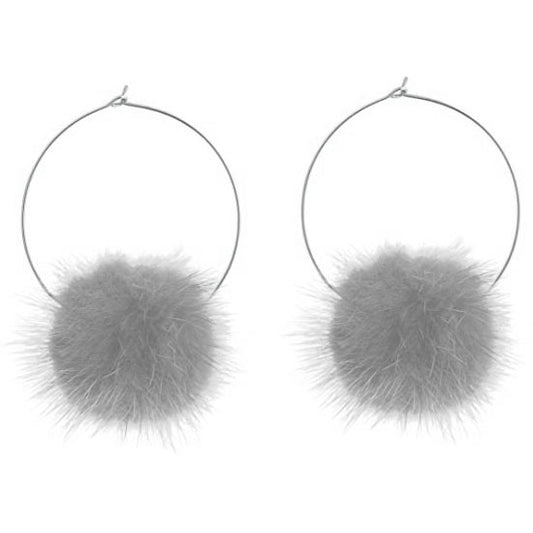 Grey Fur Pom Pom Hoop Earrings