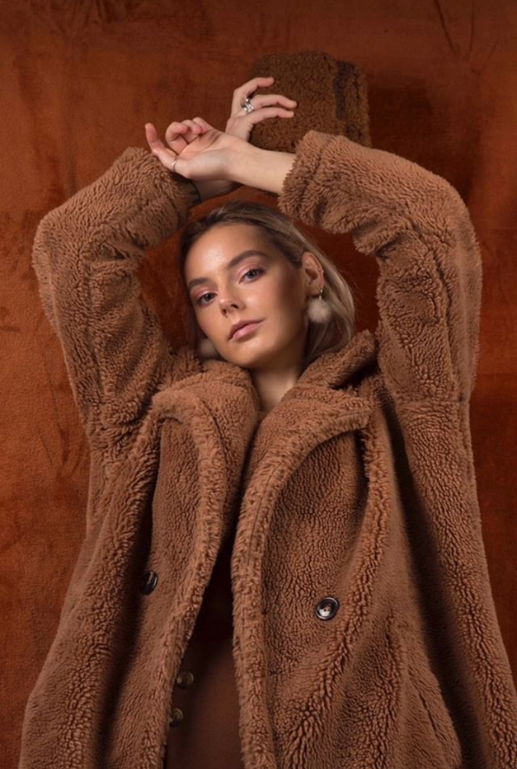 Beige Fur Pom Pom Hoop Earrings