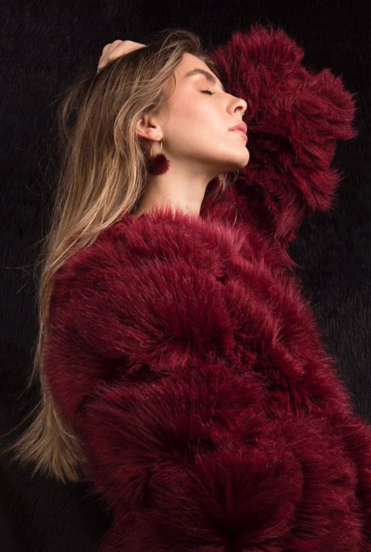Burgundy Fur Pom Pom Hoop Earrings