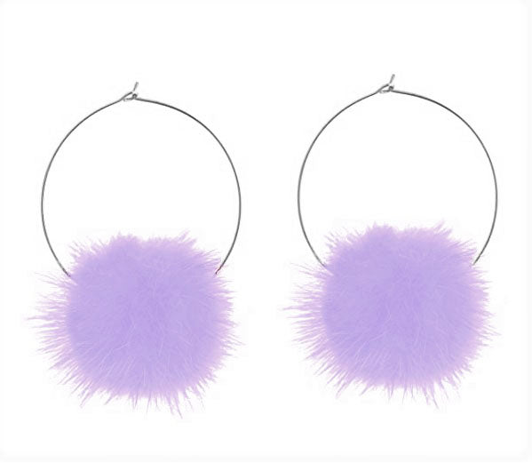 Lilac Fur Pom Pom Hoop Earrings