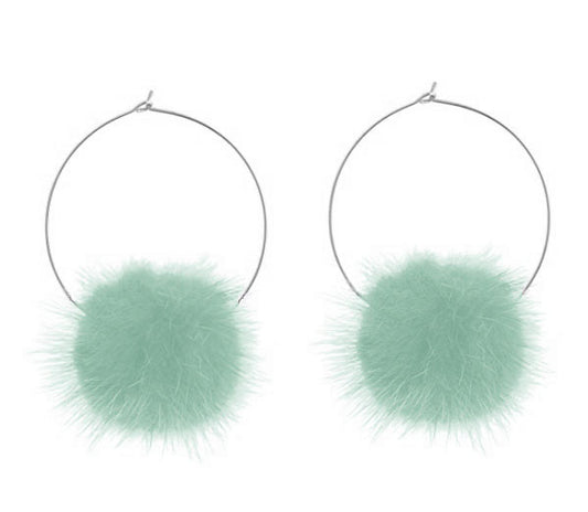 Mint Green Fur Pom Pom Hoop Earrings