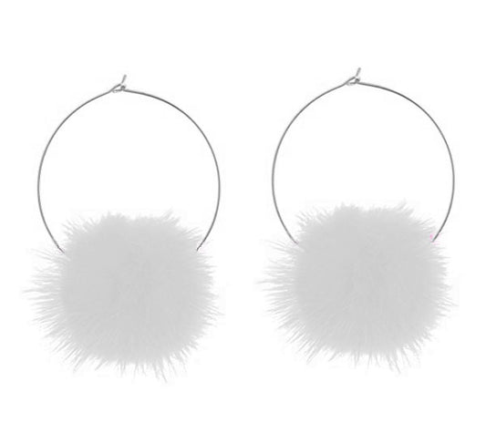 White Fur Pom Pom Hoop Earrings