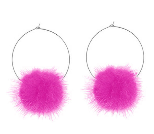 Hot Pink Fur Pom Pom Hoop Earrings